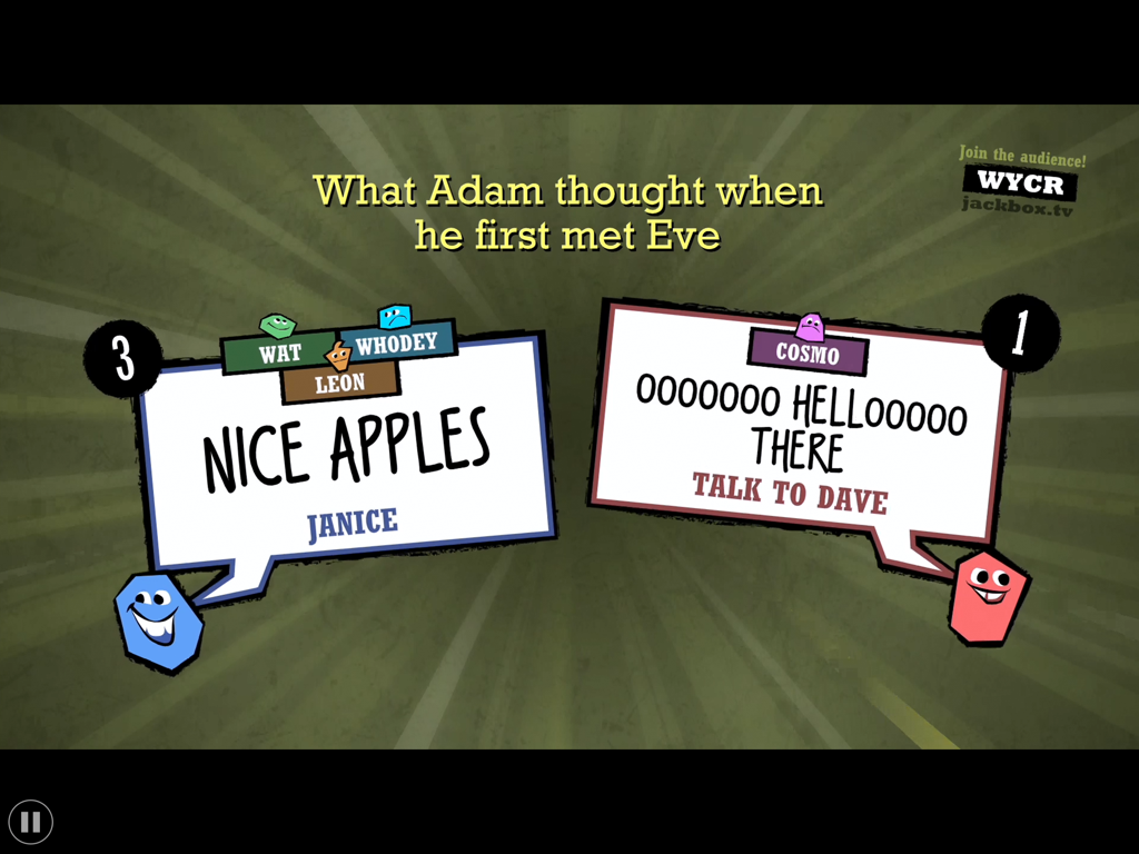 The Jackbox Party Pack 2 - Una captura de pantalla de juego de Quiplash XL de The Jackbox Party Pack 2 mostrando respuestas enviadas por jugadores a una pregunta humorística.