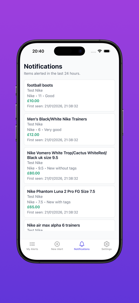 Vinotify - Pantalla de notificaciones de la aplicación Vinotify mostrando alertas en tiempo real de zapatillas y ropa deportiva Nike