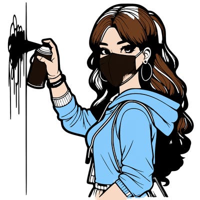 realistic girl with mask spray painting a wall