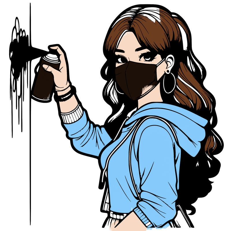 realistic girl with mask spray painting a wall