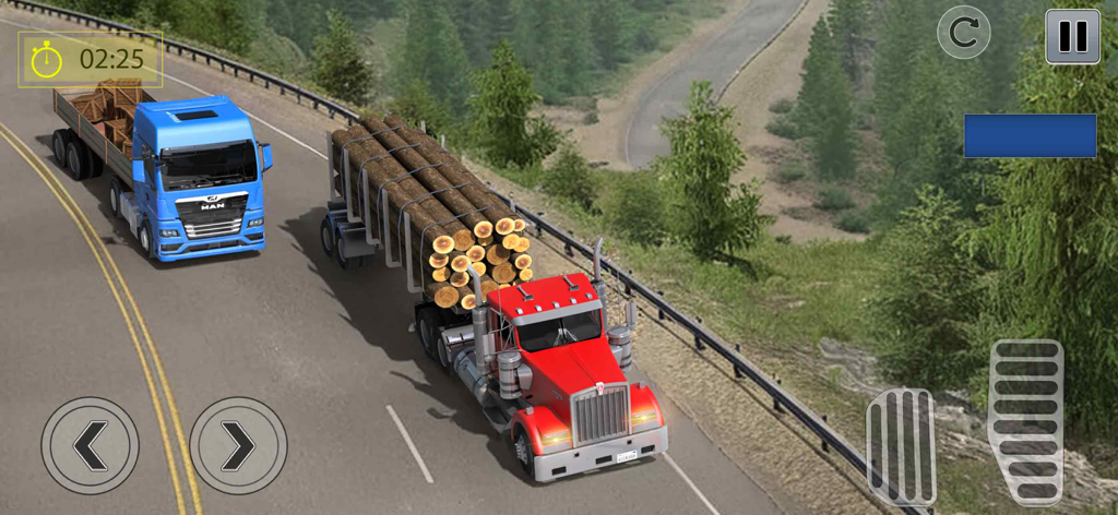 Offroad Euro Truck Driving Sim - Un camión maderero rojo y un camión de carga azul conduciendo por una sinuosa carretera de montaña en un juego de simulación