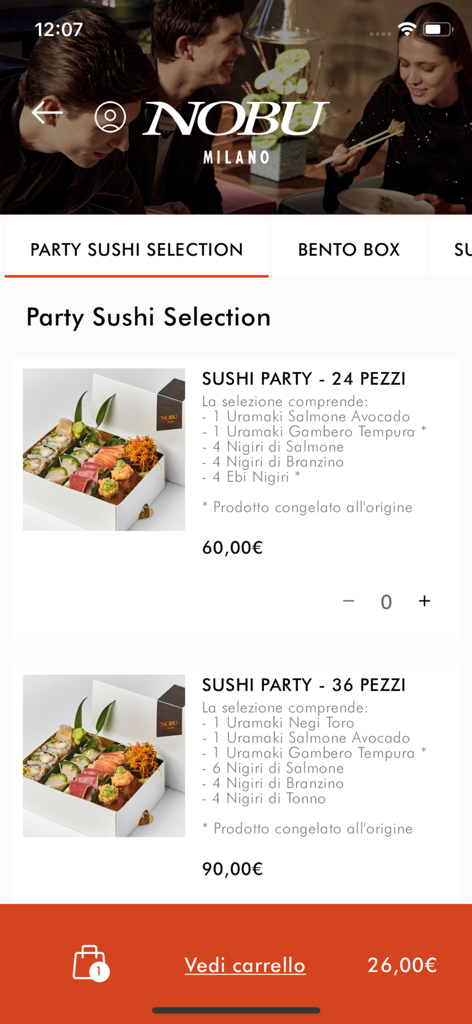 Nobu Milano - Nobu Milano app screen showing the Party Sushi Selection menu with premium sushi platters