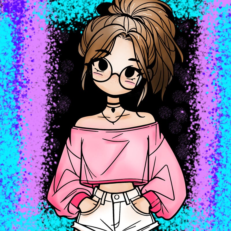 girl with a messy ponytail glasses a baggy crop top and jean shorts