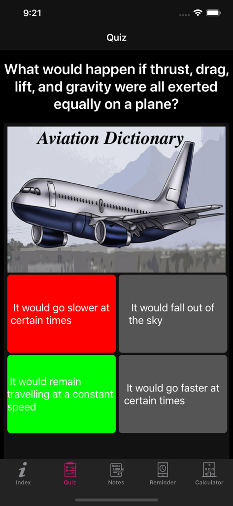 ADP- Aviation Dictionary Prem - Aviation Dictionary Prem app quiz interface showing a multiple choice question about flight physics and aerodynamics