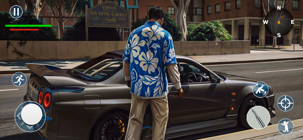 Gang Games : Crime City War 3D - A gangster in a floral shirt standing next to a customized sports car in an open world city environment