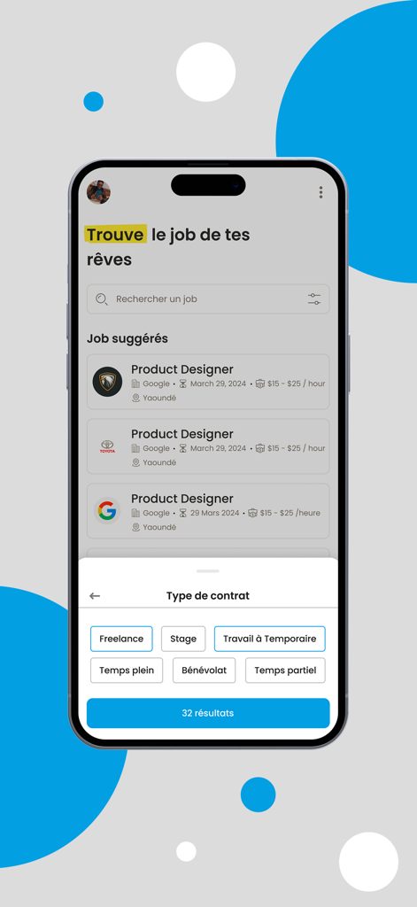 YoupiJob - Job seeking - Interface mobile de YoupiJob montrant des suggestions d'emplois de concepteur de produits et un menu de filtres pour sélectionner des types de contrats tels que freelance et à temps plein