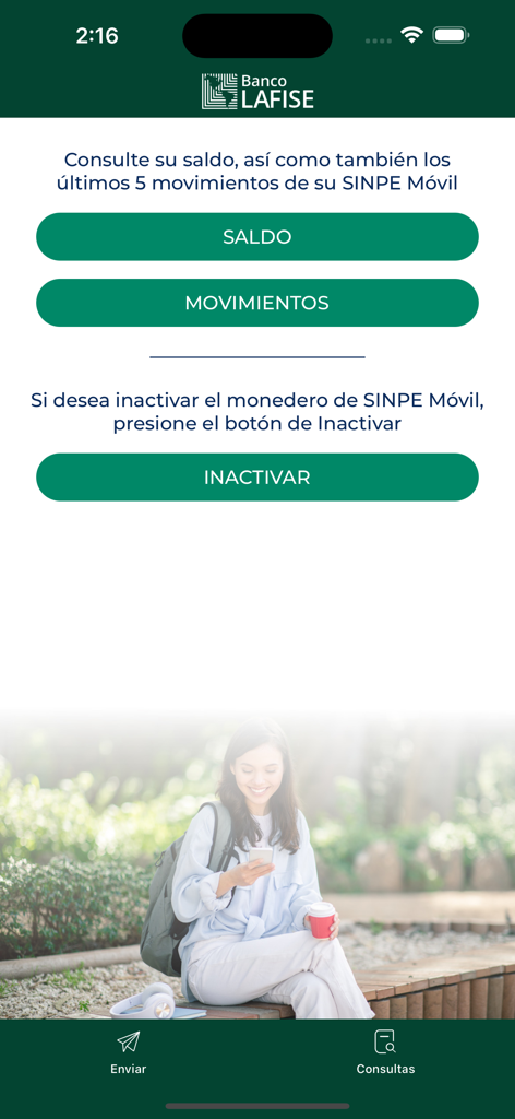SINPE MOVIL LAFISE - SINPE Movil LAFISE app screen showing balance and transaction history buttons