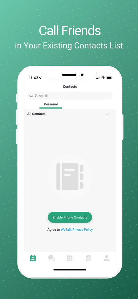 WeTalk Pro- WiFi Calling Phone - WeTalk Proアプリのインターフェース。国際電話のために既存の電話連絡先を同期するオプションが表示されます。