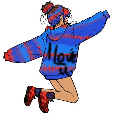 realistic girl jumping with a bun and oversized sweatshirt