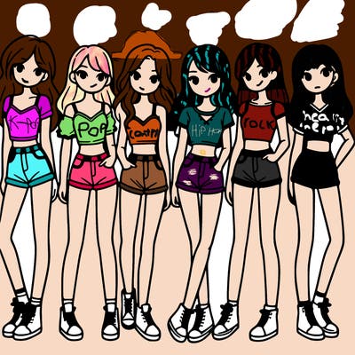 a group of girls wearing crop tops and shorts