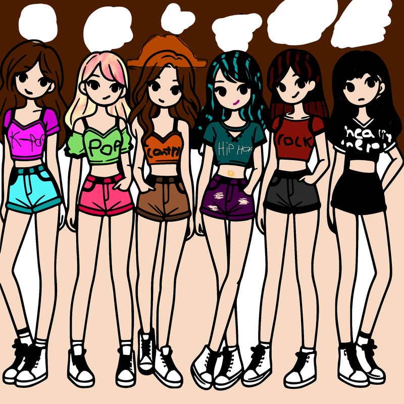 a group of girls wearing crop tops and shorts
