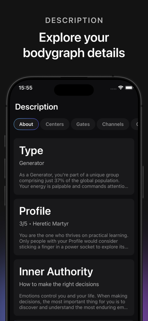 App screen displaying Human Design bodygraph details including type profile and inner authority