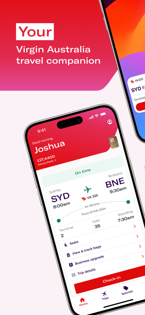 シドニーからブリスベンへのフライト詳細とチェックインボタンが表示された、ヴァージン・オーストラリア・アプリのホーム画面。
