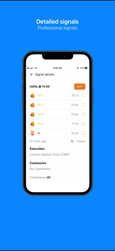Mobile app interface showing detailed trading signals for USOIL with take profit and stop loss levels