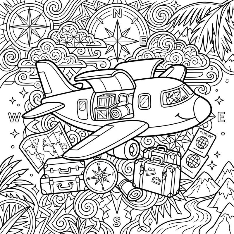 Prepare for an epic journey with this detailed cargo plane coloring page, packed with exciting vacation elements. Grab your crayons and get ready to explore the world from the comfort of your coloring space!