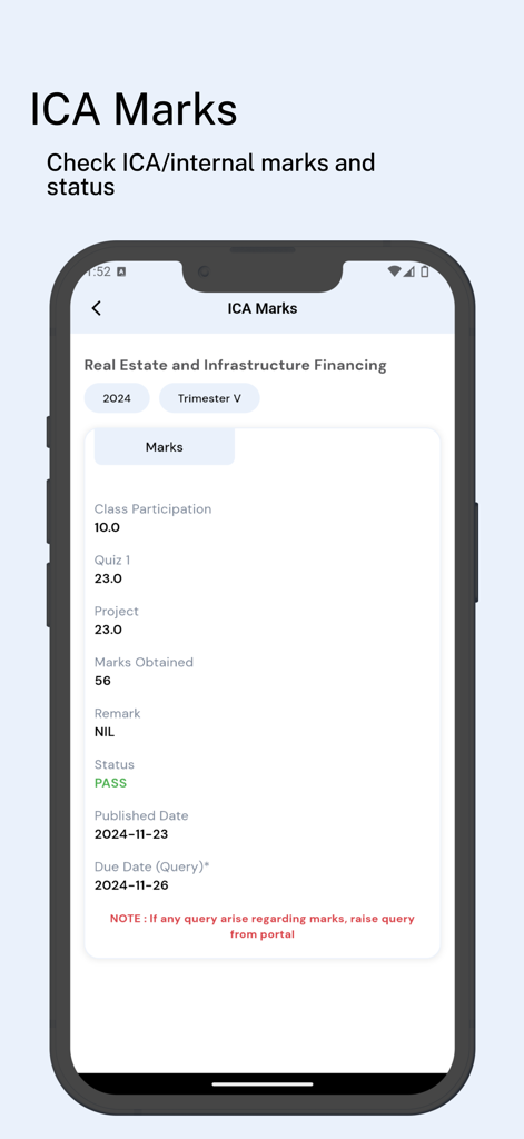 Interface de l'application LMS Portal montrant les notes internes ICA des étudiants et leur statut