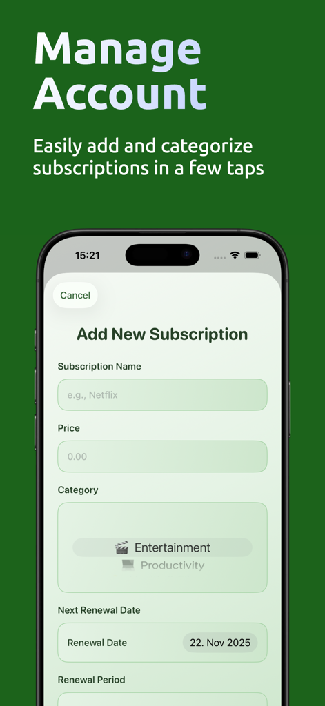 Track My Subs - Mobile app interface for adding and categorizing a new subscription in Track My Subs.