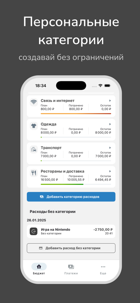 Interface do aplicativo móvel mostrando categorias de orçamento personalizadas para rastrear despesas como transporte e restaurantes.
