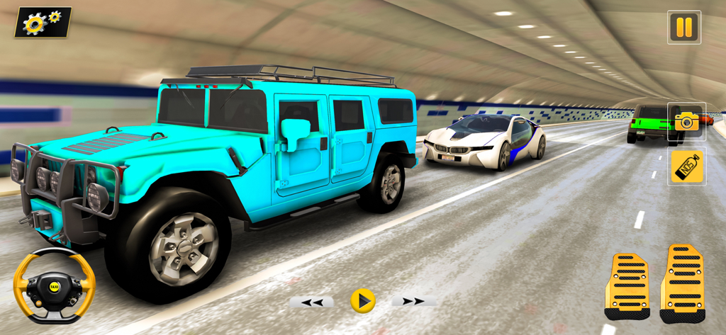 Grand City Taxi Driving Games - Un taxi SUV color cian conduciendo por un túnel en un juego de simulación 3D con controles de conducción en pantalla