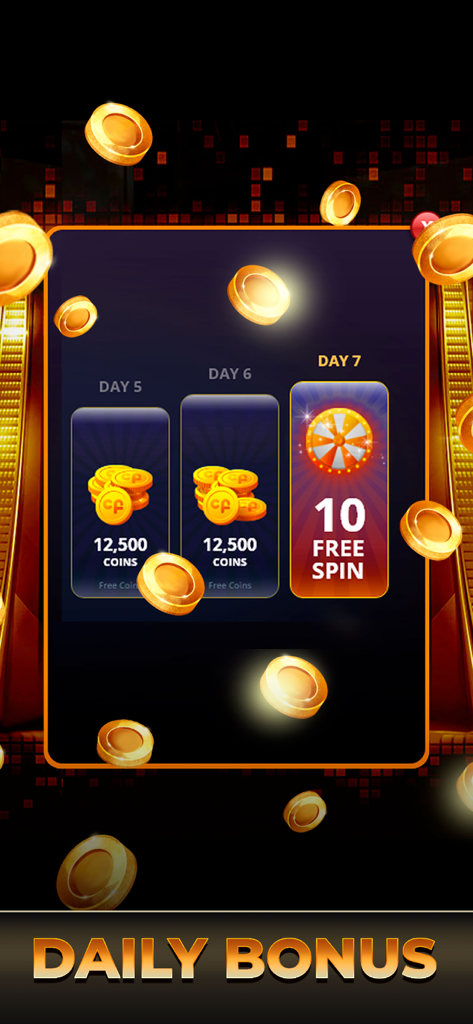 Clickfun: Casino & Slots Mania - Daily bonus screen in Clickfun Casino showing rewards for consecutive days including coins and free spins