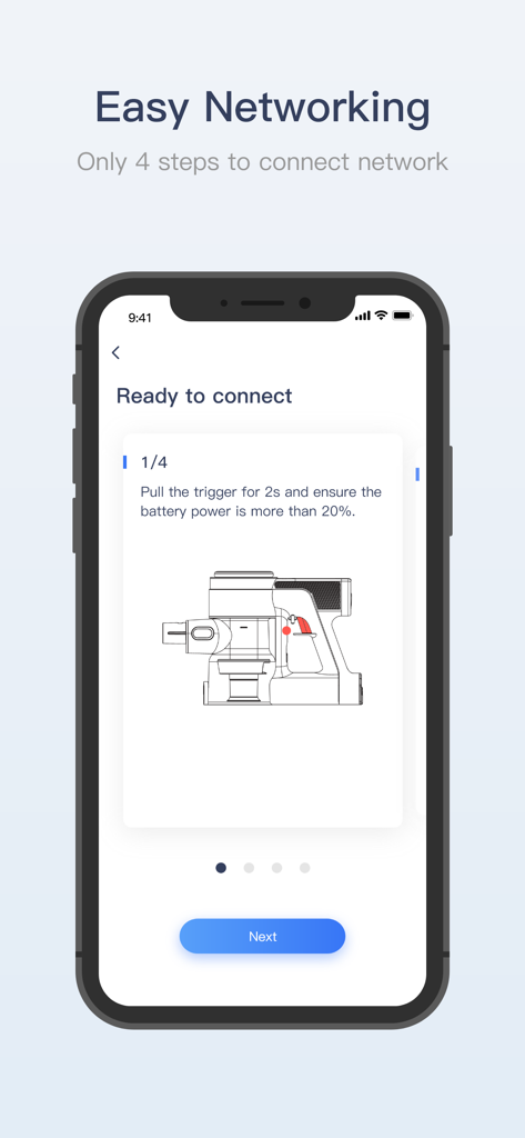Écran de smartphone montrant la configuration réseau facile en 4 étapes de l'application Tineco Life pour un aspirateur intelligent