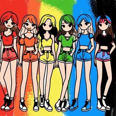 a group of girls wearing crop tops and shorts
