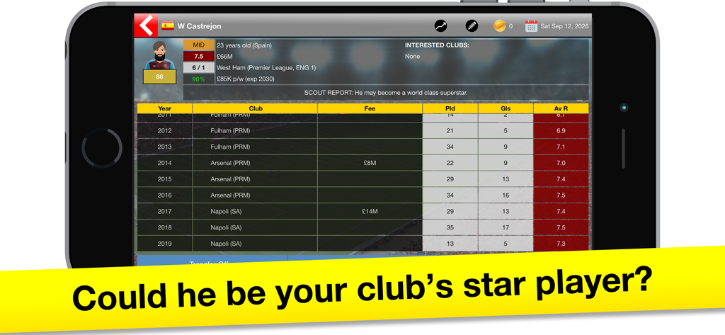 Soccer Boss: Football Game - Pantalla detallada del perfil del jugador en Soccer Boss que muestra el historial de carrera y los informes de ojeadores
