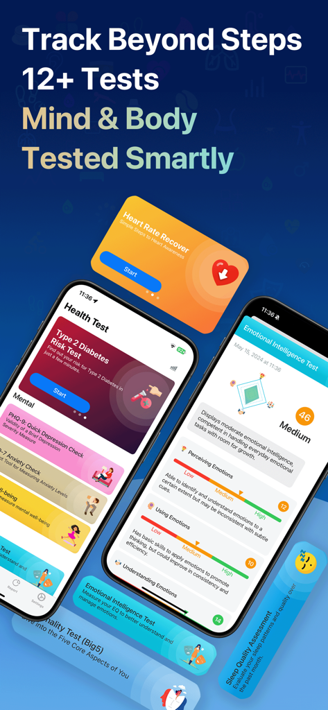 HeartyPro: Heart Rate & Stress - HeartyPro app interface featuring various mind and body health tests including emotional intelligence and diabetes risk assessments.