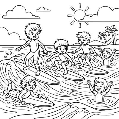 Join a group of cheerful child surfers as they ride the waves and enjoy a sunny day at the beach. This delightful coloring page captures the excitement of ocean adventures, perfect for little artists.