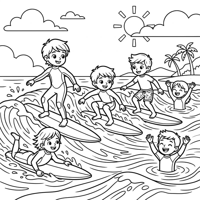 Join a group of cheerful child surfers as they ride the waves and enjoy a sunny day at the beach. This delightful coloring page captures the excitement of ocean adventures, perfect for little artists.