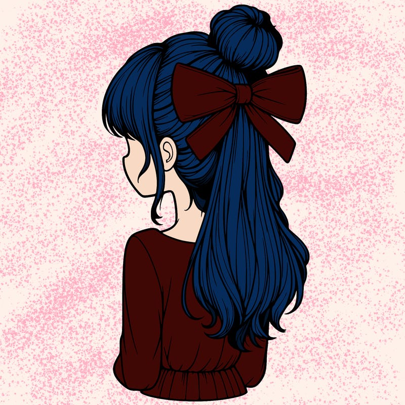 realistic girl  with hip length hair a bun and a big bow on the back of head