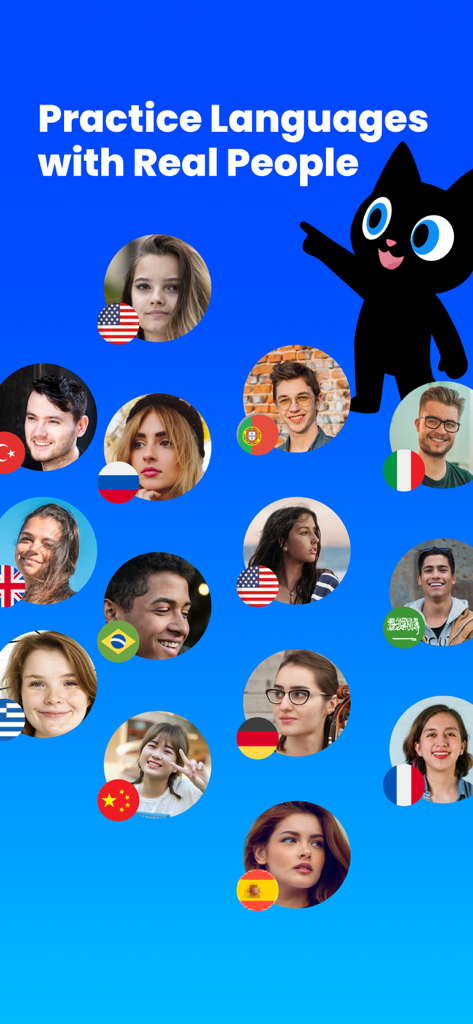 Catlangu - Language Practice - Catlangu app screen showing diverse global users and their flags for language speaking practice