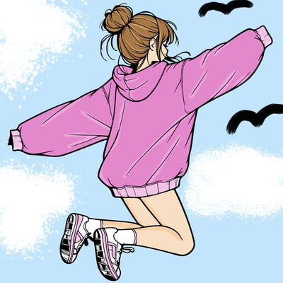 realistic girl jumping with a bun and oversized sweatshirt