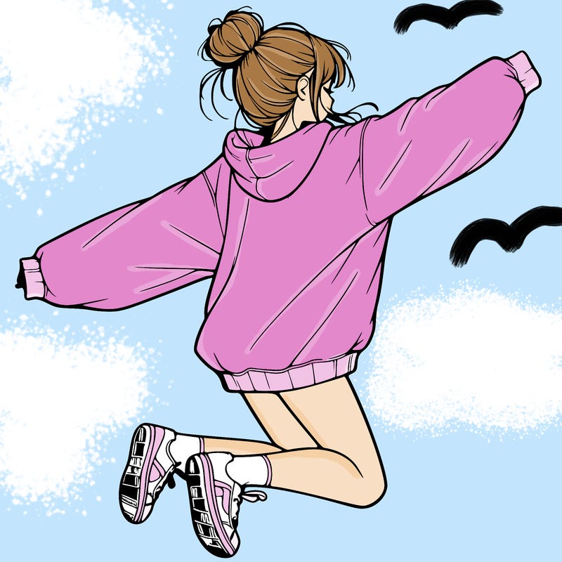 realistic girl jumping with a bun and oversized sweatshirt