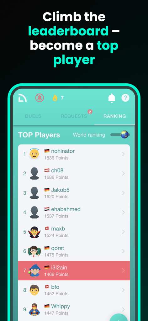 LOGIC Duel: Math Games - LOGIC Duel global leaderboard showing top player rankings and points
