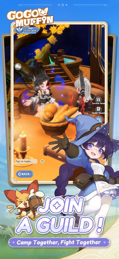 Go Go Muffin - Two anime characters sitting at a table in a cozy room with the text Join a Guild