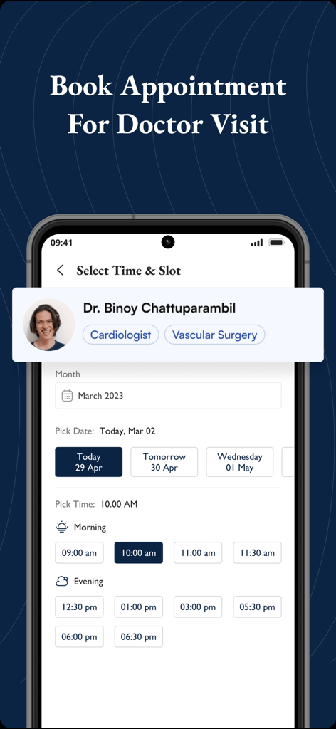 Interface para selecionar data e horário de consulta para um cardiologista no aplicativo Kings Hospital Jeddah
