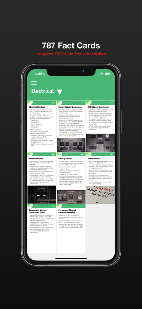 787 Guide - Boeing 787 Guide app showing electrical system fact cards