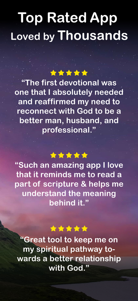 Avis d'utilisateurs les mieux notés et évaluations cinq étoiles pour l'application Méditation Pain Quotidien pour Hommes avec un arrière-plan de montagne pittoresque