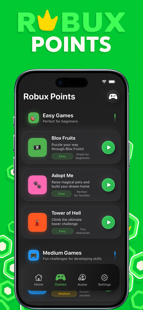 Robux Points | for Roblox ™ - Un elenco di giochi a quiz a tema Roblox tra cui Blox Fruits e Adopt Me sull'app mobile Robux Points