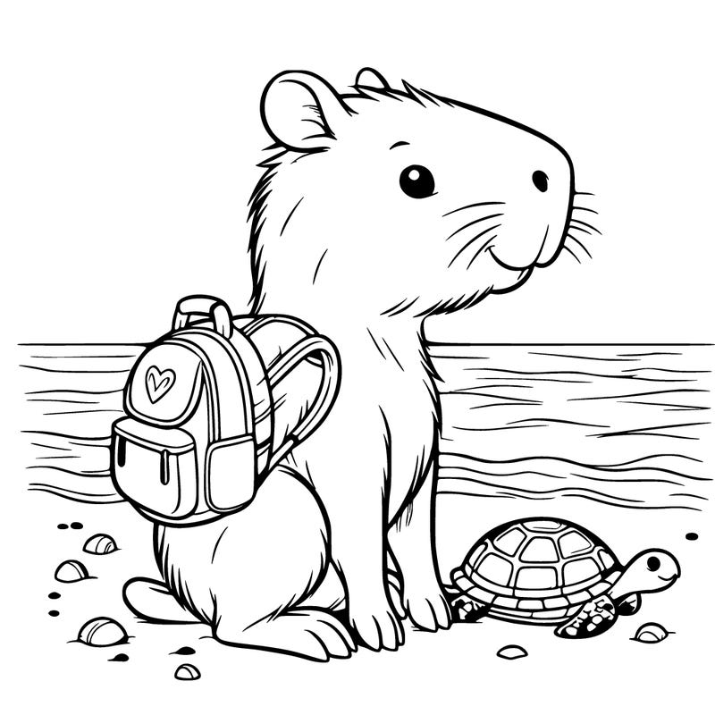 capybara with a turtle backpack on a beach