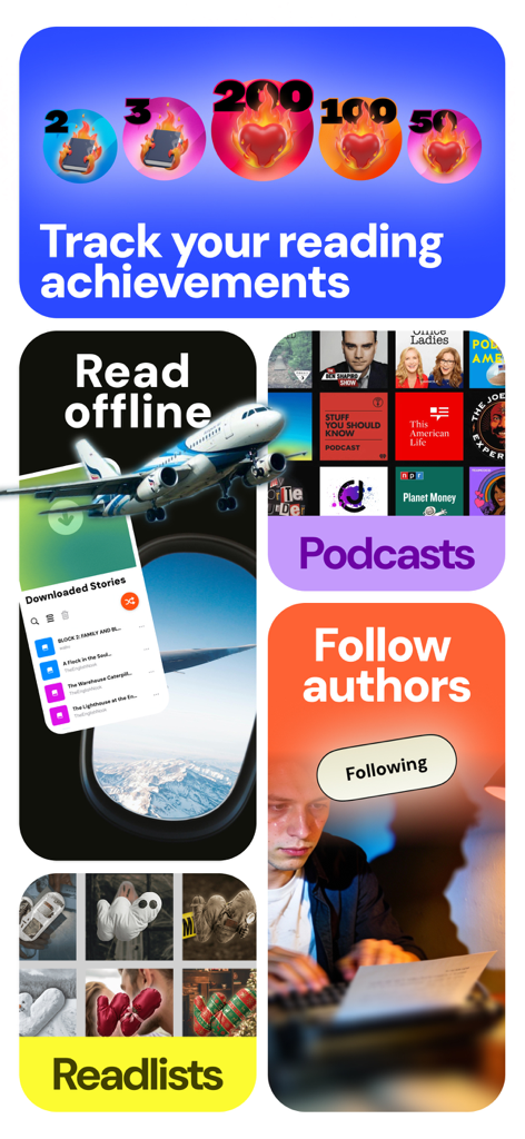 Overview of Wabu app features showing reading achievements, offline mode, podcasts, author following, and readlists.