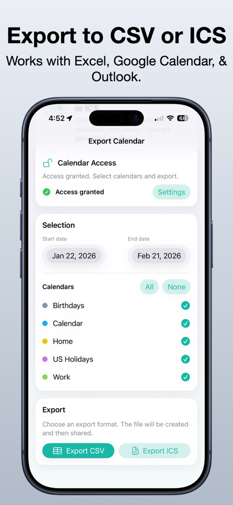 Export Calendar - CSV & ICS - Interface of Export Calendar app showing options to select dates and export calendars to CSV or ICS formats