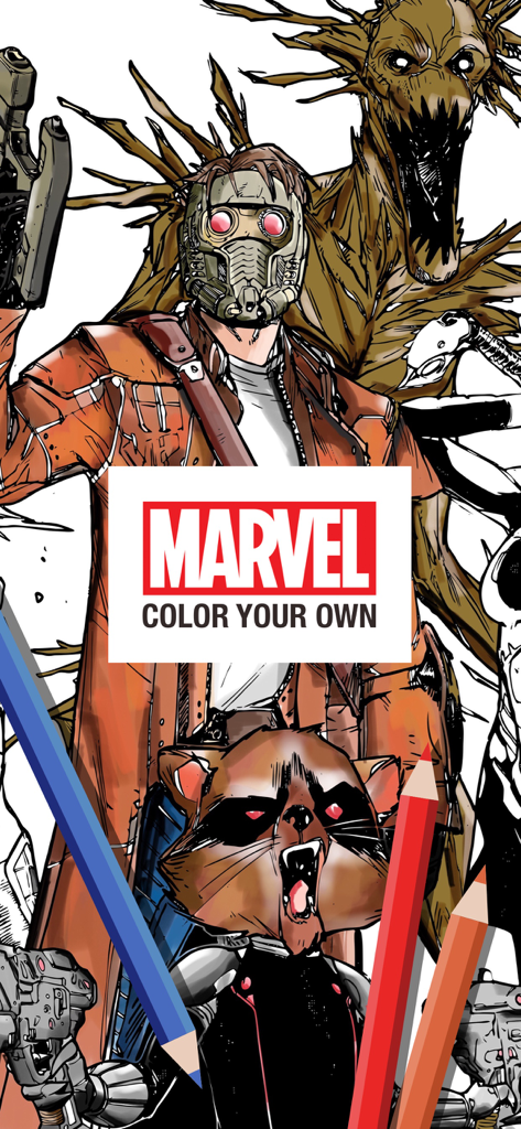 Marvel Color Your Own app splash screen featuring Star-Lord, Rocket Raccoon, and Groot with digital coloring pencils
