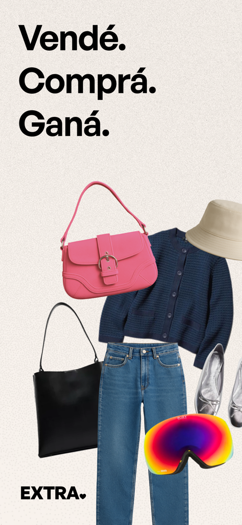 Promotional screen for EXTRA app featuring a collage of clothing and accessories with the words Sell Buy and Earn