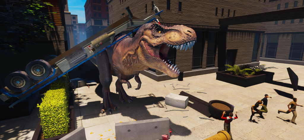 Un T-Rex en 3D rugiendo en una plaza de la ciudad mientras la gente huye