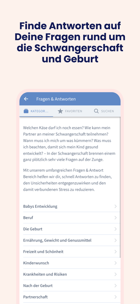 아기 발달, 영양, 위험과 같은 임신 및 출산 관련 다양한 Q&A 범주를 표시하는 BabyCare 앱의 모바일 인터페이스.