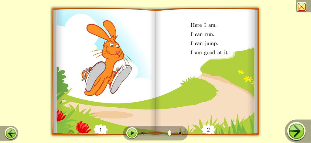 Starfall I'm Reading의 디지털 스토리북 페이지로, 주황색 토끼가 점프하는 모습과 초보 독자를 위한 간단한 텍스트가 표시됩니다.