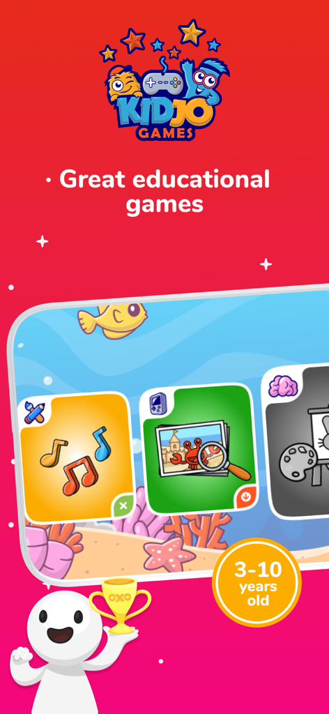 Kidjo Games: Kids Play & Learn - Interfaz de la aplicación Kidjo Games que muestra actividades educativas para niños de 3 a 10 años