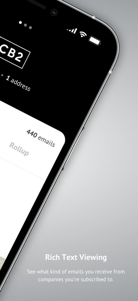 Unroll.Me app screenshot showing rich text viewing feature for subscription emails